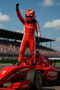 F1 Academy female driver in Prema Racing red and white suit celebrating a race win atop her Formula 4 car during a Grand Prix weekend.