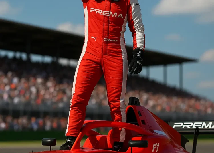 What is the F1 Academy? 1 F1 Academy female driver in Prema Racing red and white suit celebrating a race win atop her Formula 4 car during a Grand Prix weekend.